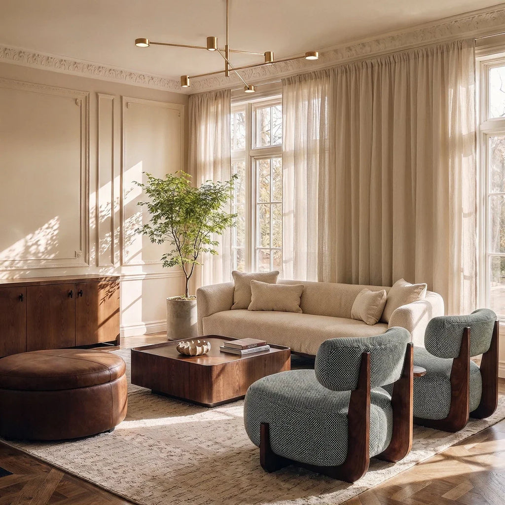 Clérachic six-head gold chandelier with slender arms hung high in a sunlit living room with a cream sofa and panelled walls.