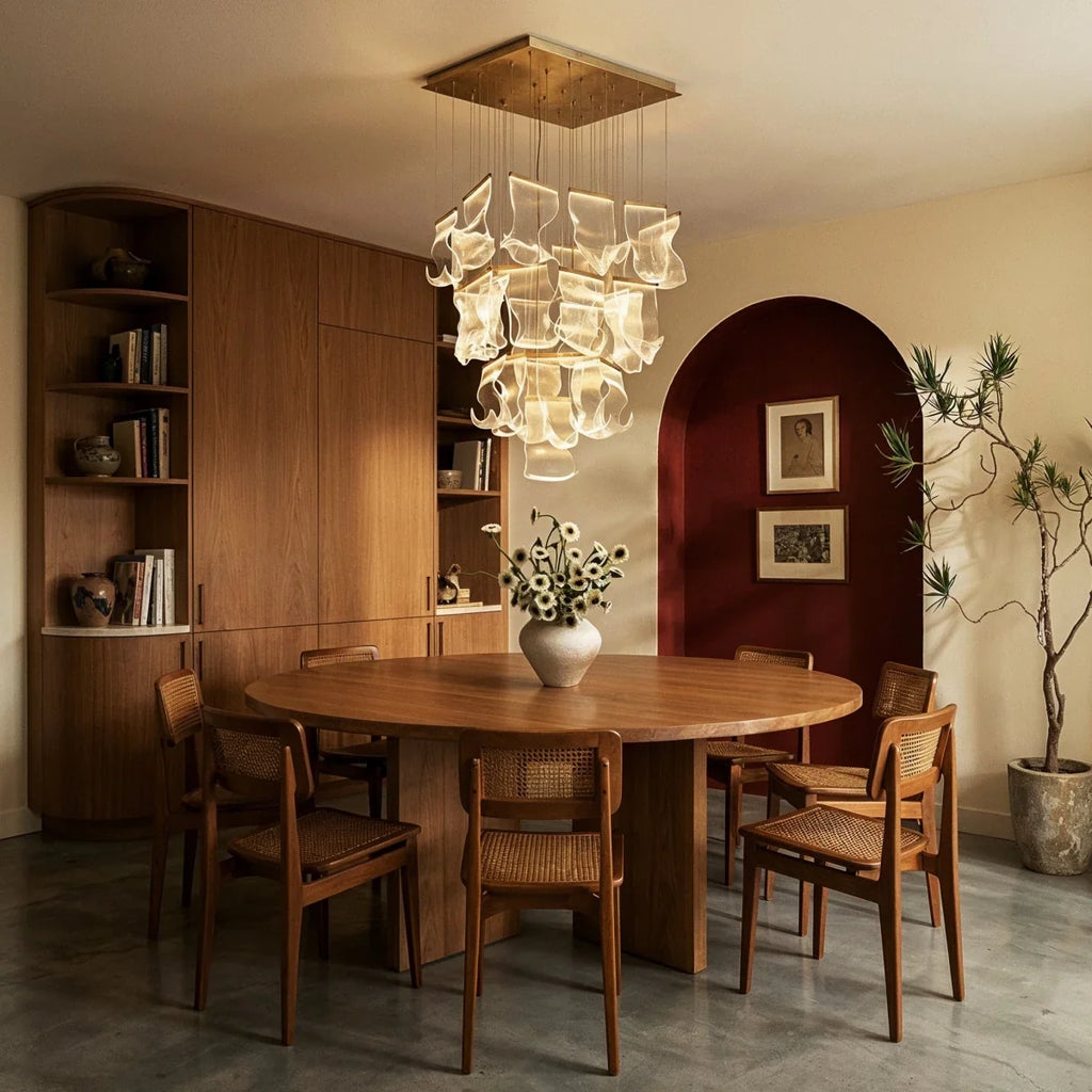 Clérachic rectangular chandelier of rippled translucent panels on a gold canopy, hung over a round oak dining table.