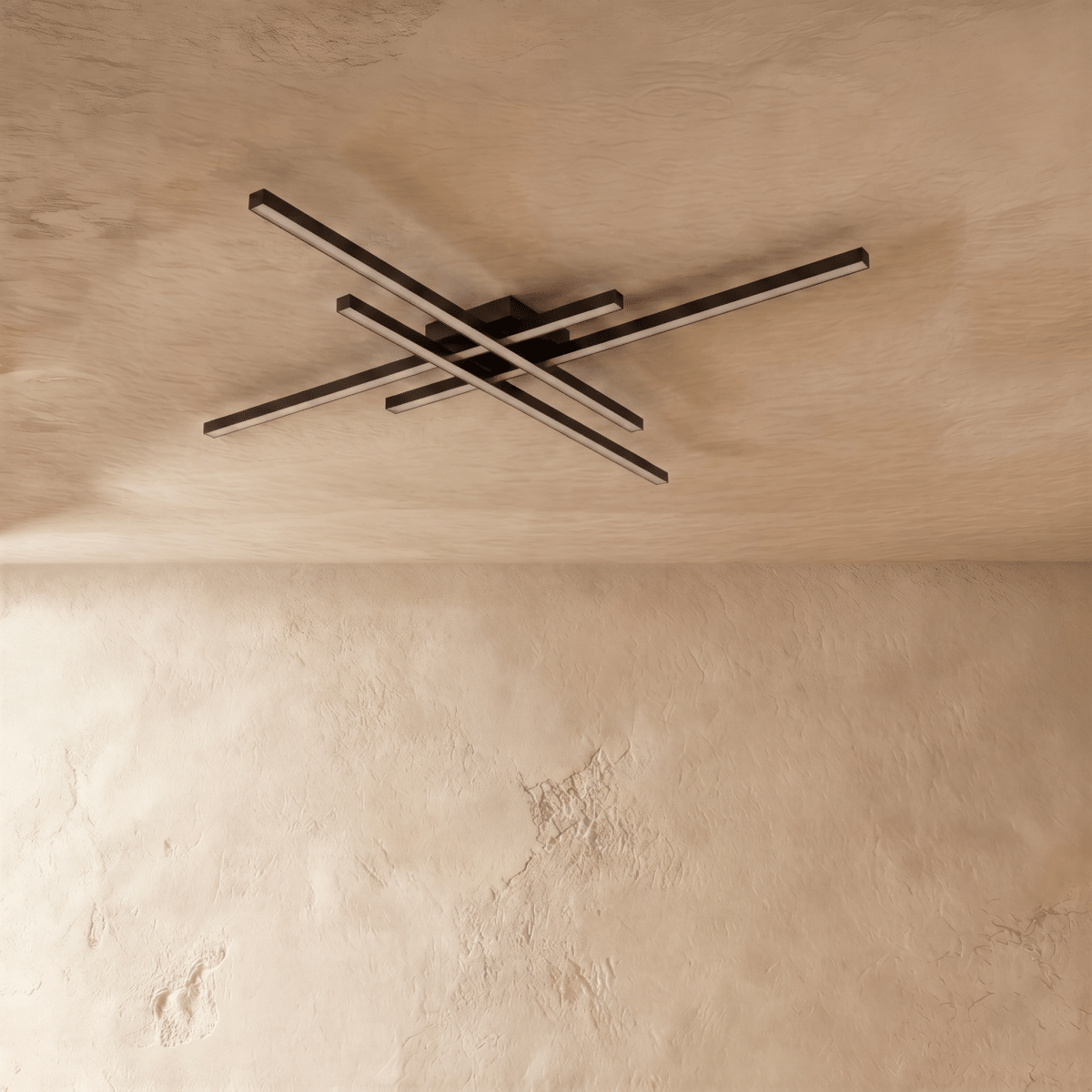 Clérachic black four-bar ceiling light switched off, slim crossed aluminium bars with frosted diffusers on a limewash ceiling.