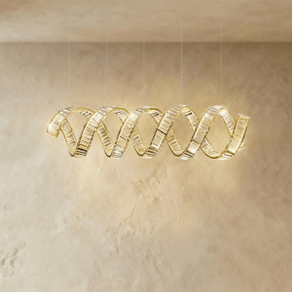 Clérachic double-wave spiral chandelier in gold, two intertwined crystal ribbons hung from five fine cables.