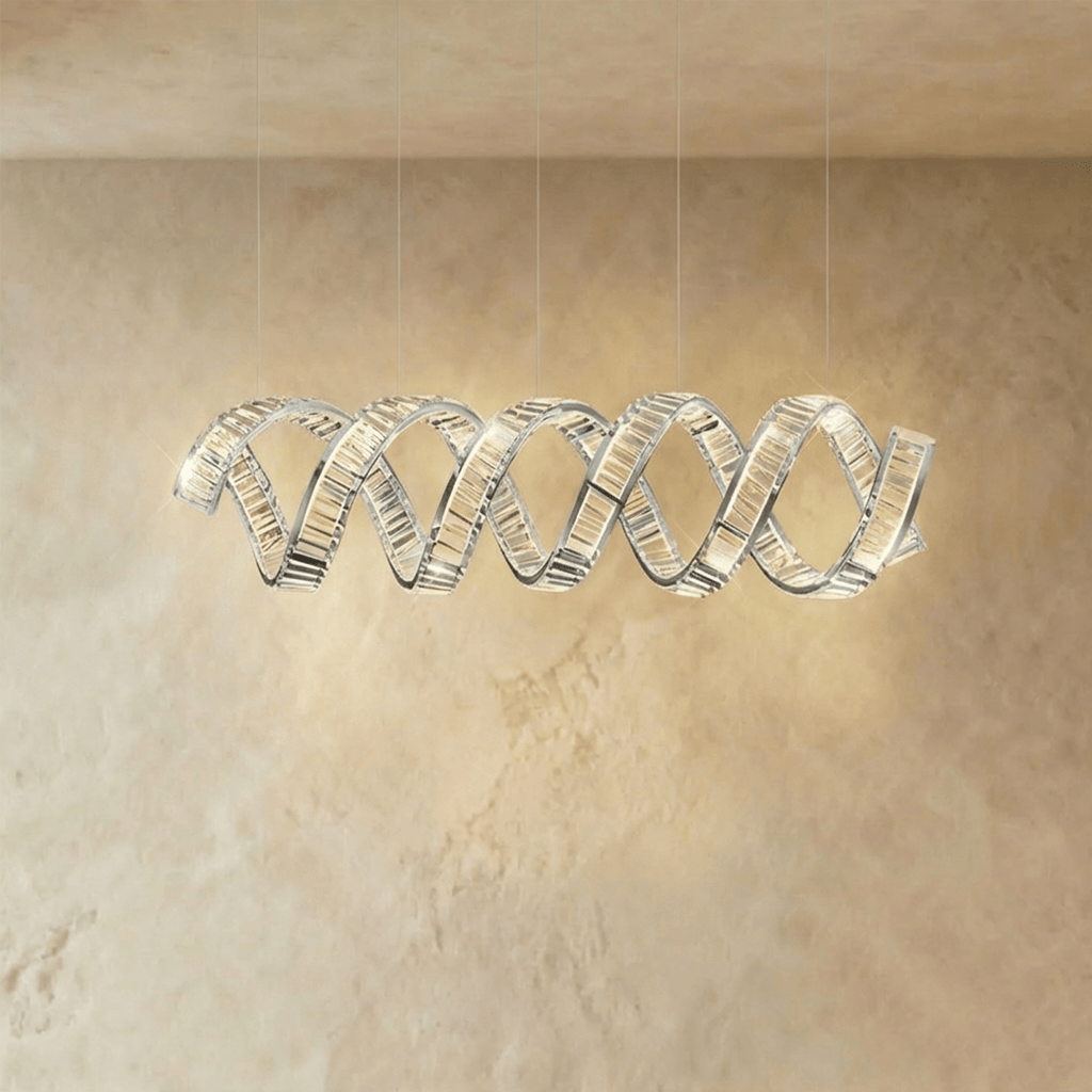 Clérachic double-wave spiral chandelier in chrome, two intertwined crystal ribbons on five fine cables.