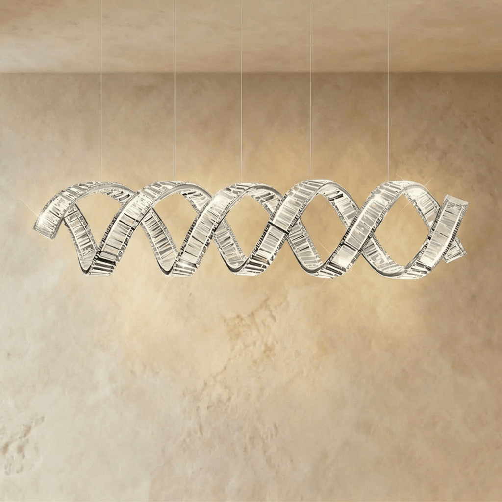 Clérachic widest double-wave spiral chandelier in chrome, twin crystal ribbons sparkling on five fine cables.