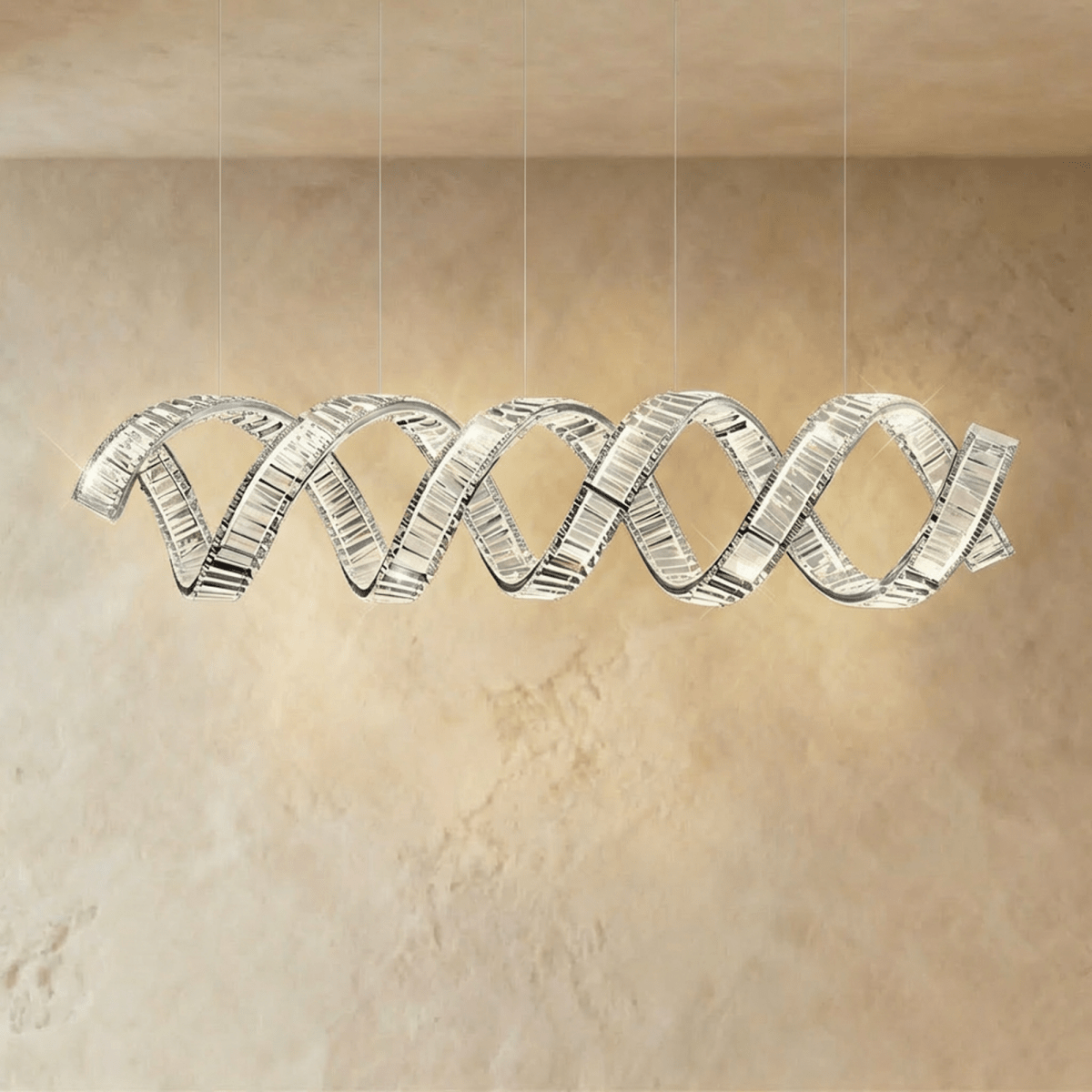 Clérachic widest double-wave spiral chandelier in chrome, twin crystal ribbons sparkling on five fine cables.