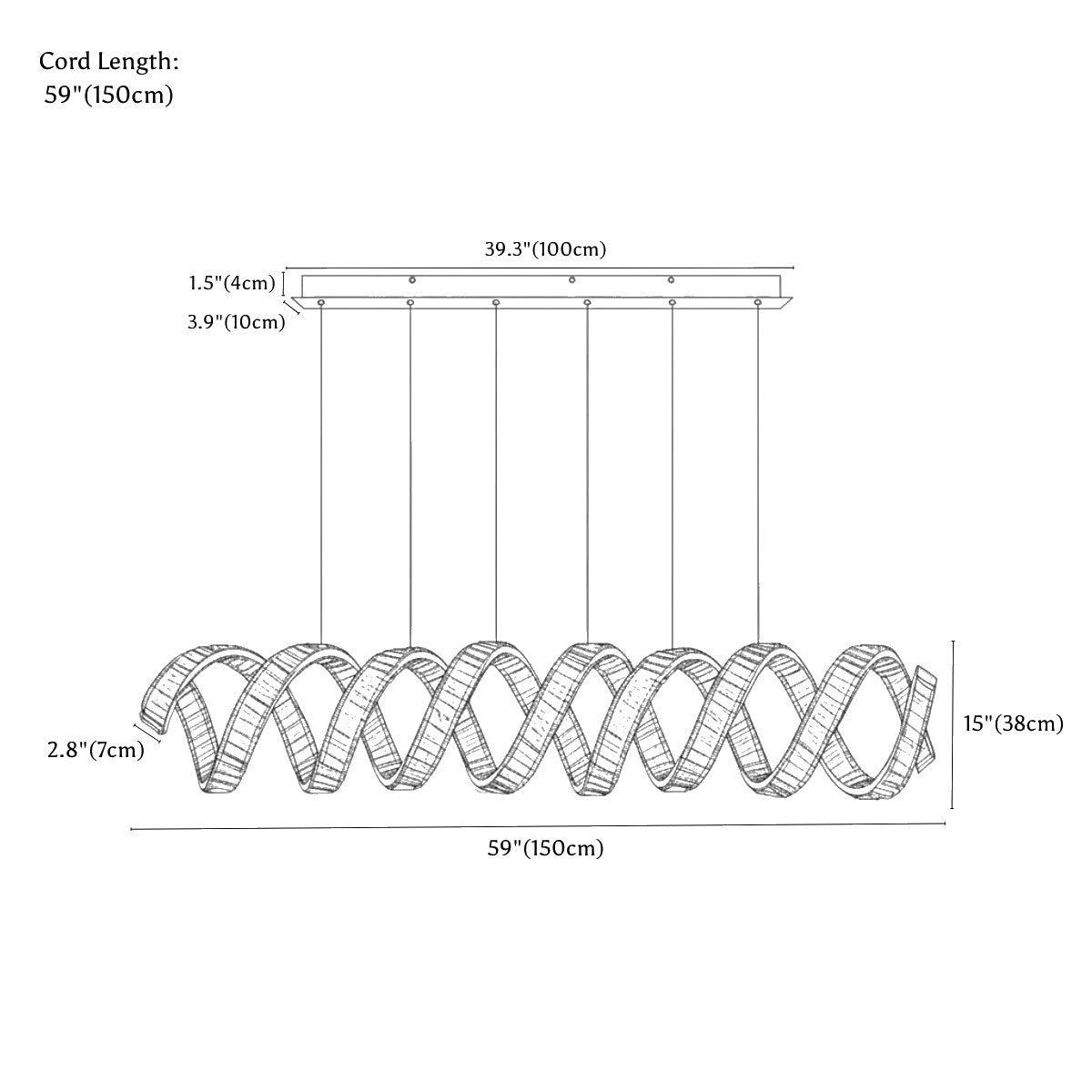 Clérachic chandelier dimension drawing, 2 Waves, 150 cm × 38 cm, every measurement marked in centimetres and inches.