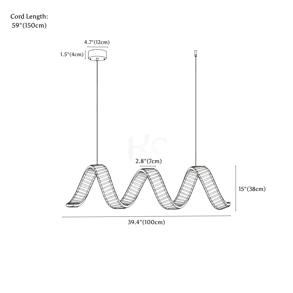 Clérachic chandelier dimension drawing, 1 Wave, 100 cm × 38 cm, every measurement marked in centimetres and inches.