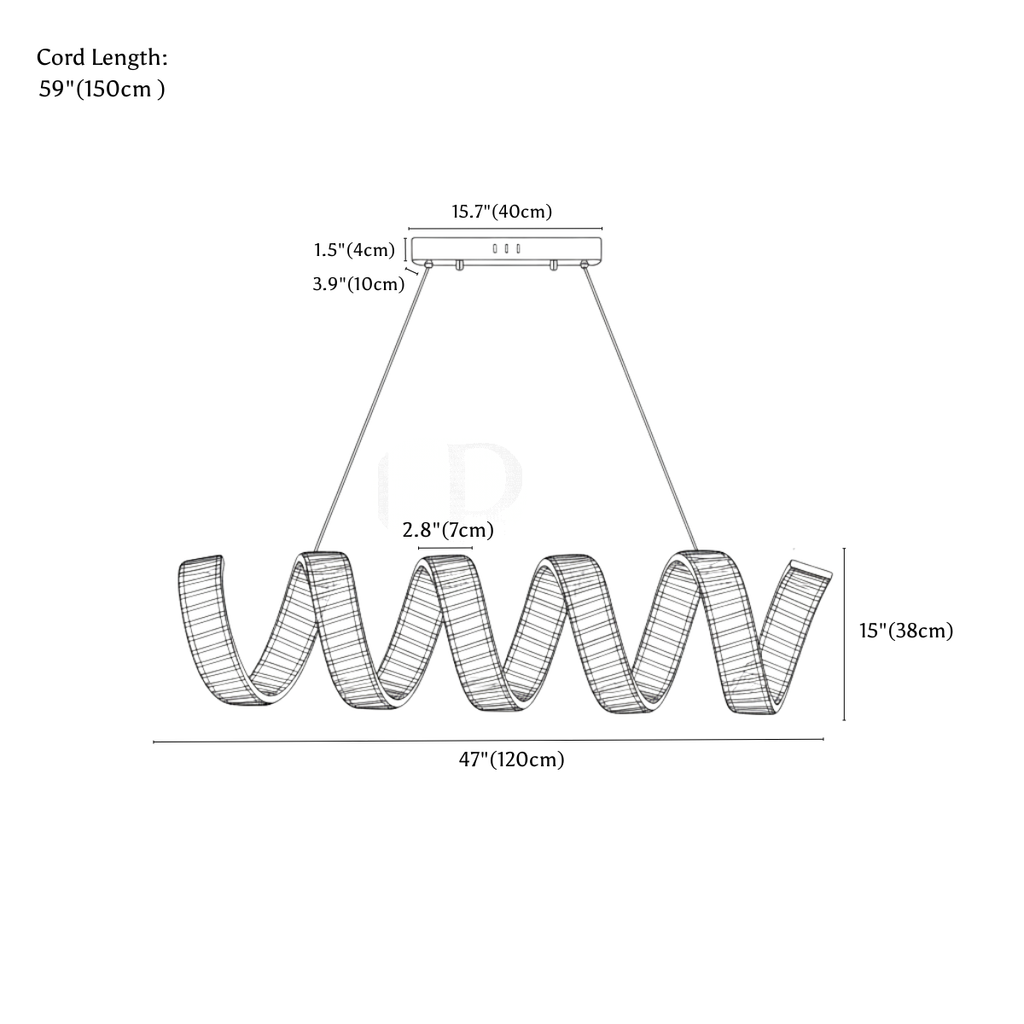Clérachic chandelier dimension drawing, 1 Wave, 120 cm × 38 cm, every measurement marked in centimetres and inches.