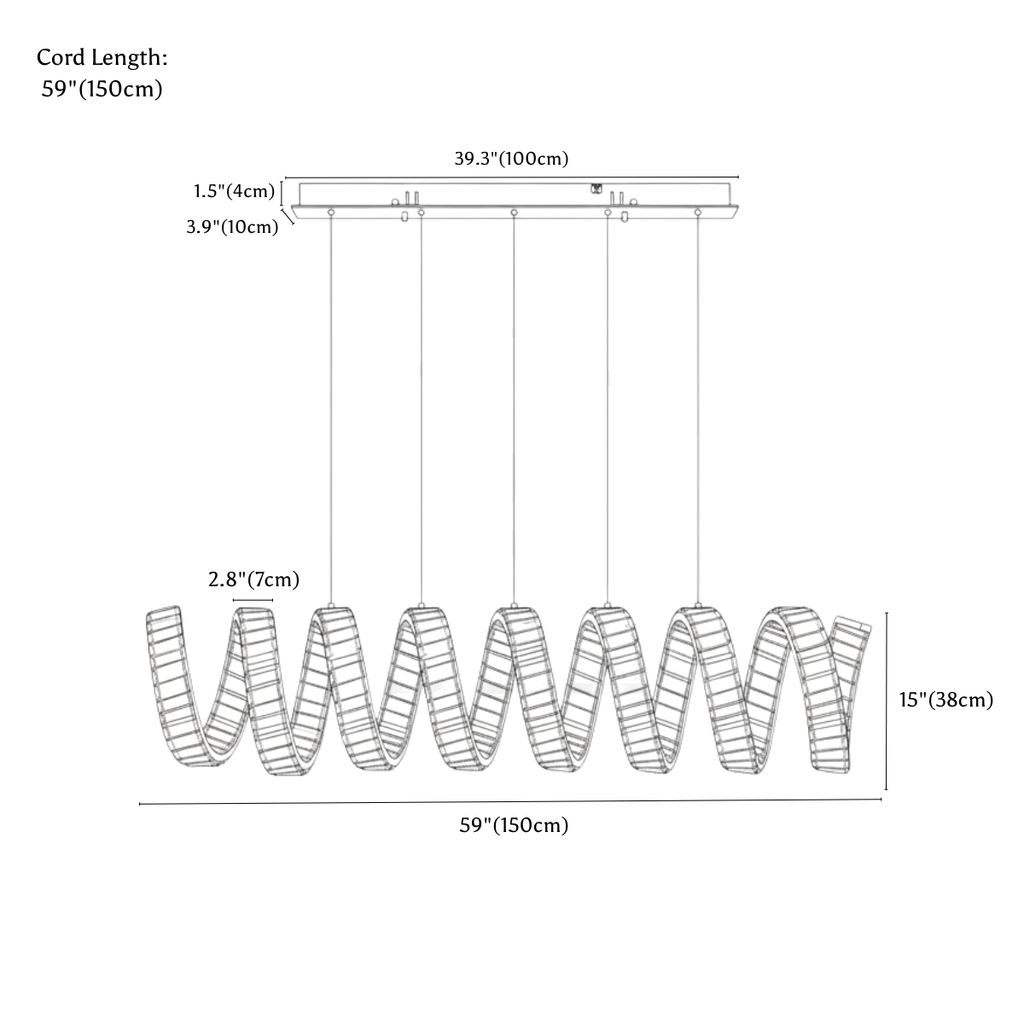 Clérachic chandelier dimension drawing, 1 Wave, 150 cm × 38 cm, every measurement marked in centimetres and inches.