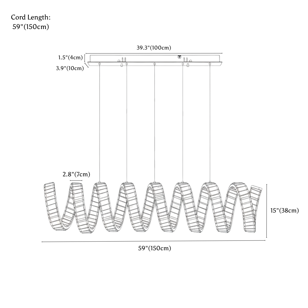 Clérachic chandelier dimension drawing, 1 Wave, 150 cm × 38 cm, every measurement marked in centimetres and inches.