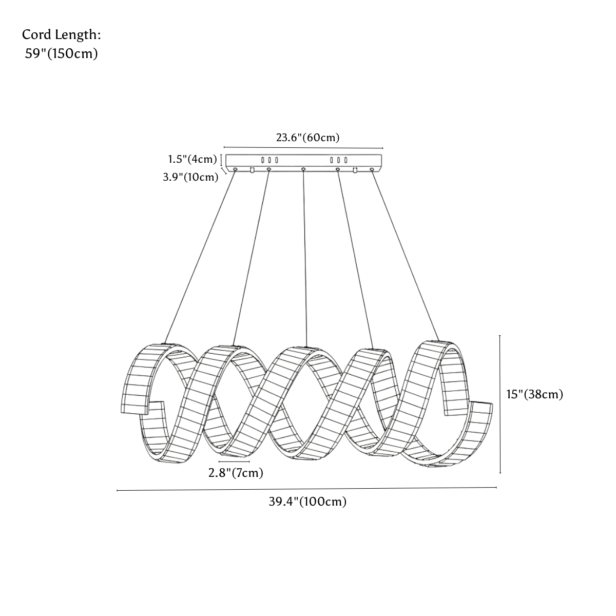 Clérachic chandelier dimension drawing, 2 Waves, 100 cm × 38 cm, every measurement marked in centimetres and inches.