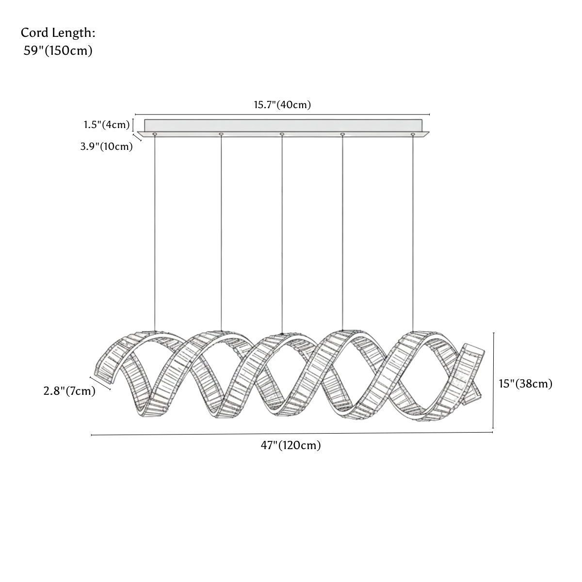 Clérachic chandelier dimension drawing, 2 Waves, 120 cm × 38 cm, every measurement marked in centimetres and inches.