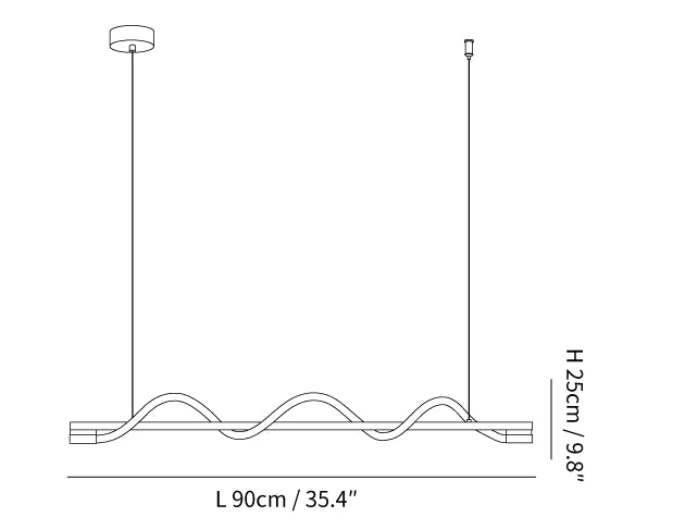 Dimension drawing of this Clérachic linear pendant, with its 90 cm length and 25 cm height marked.