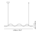 Dimension drawing of this Clérachic linear pendant, with its 90 cm length and 25 cm height marked.