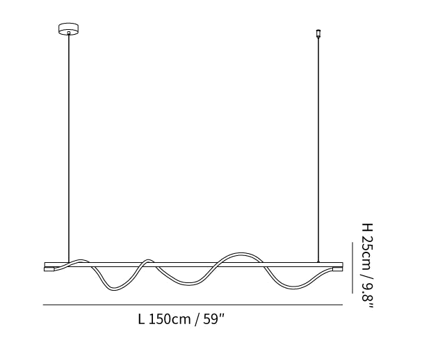 Dimension drawing of this Clérachic linear pendant, with its 150 cm length and 25 cm height marked.