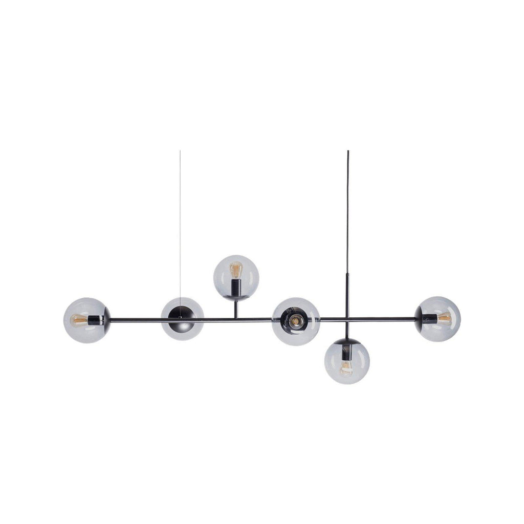 Black rod and six clear grey glass orbs with visible bulbs hang from two canopies on a white background, from Clérachic.