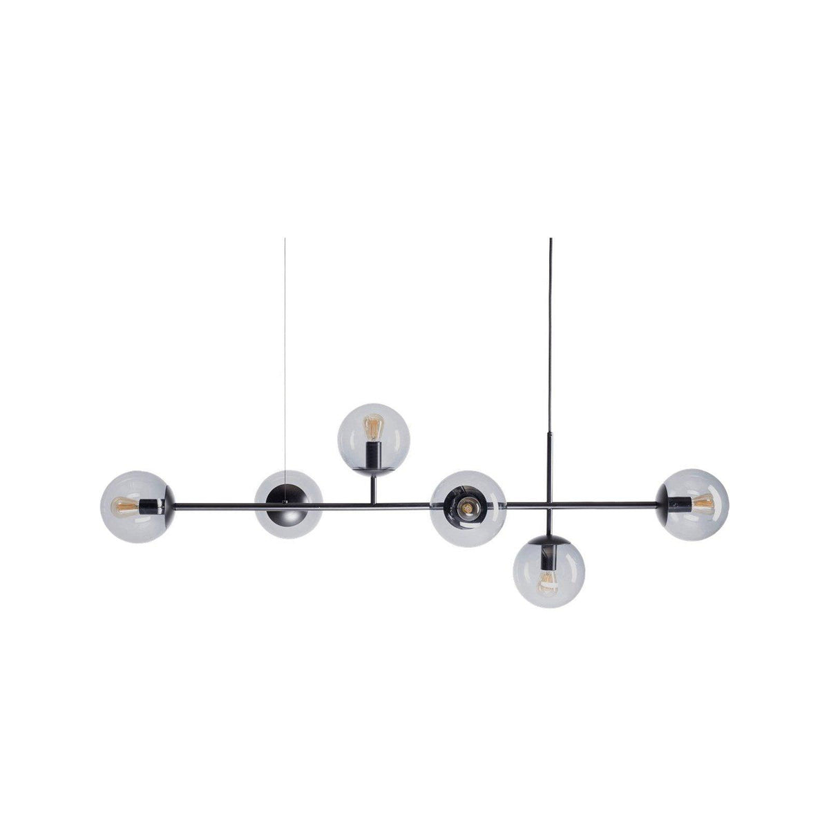 Black rod and six clear grey glass orbs with visible bulbs hang from two canopies on a white background, from Clérachic.