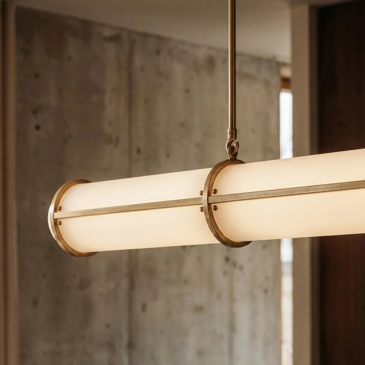 Clérachic gold opal tube pendant close up, showing its brass hook, riveted band and warm glow against a concrete wall.