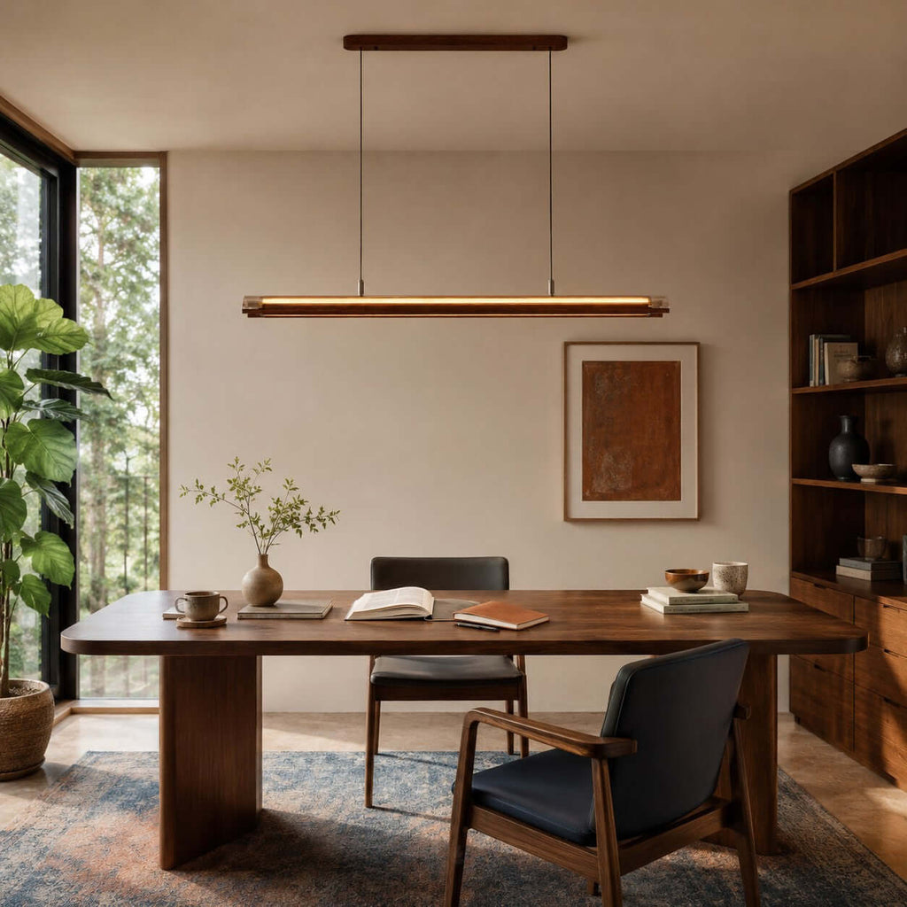 This Clérachic linear pendant hangs in a study with a long walnut desk, a navy armchair, a bookcase and a large plant.
