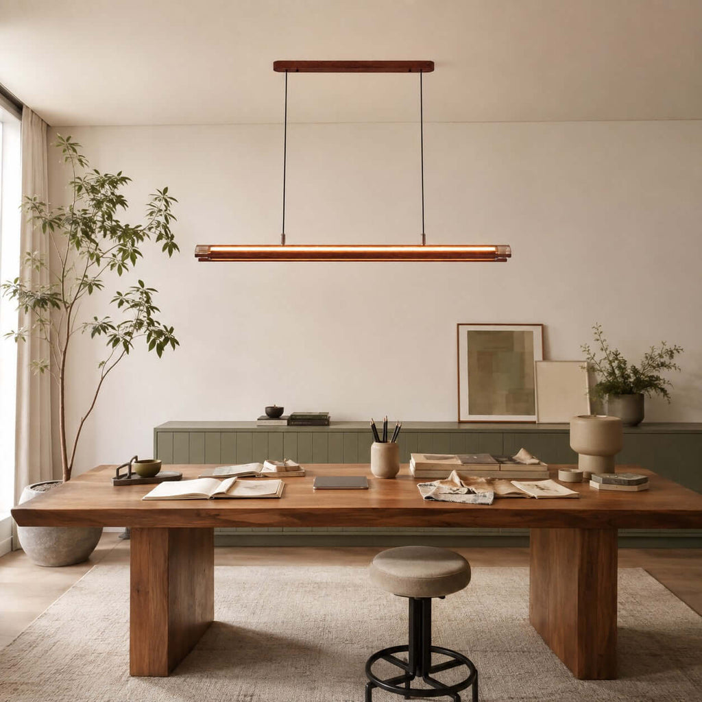 A long Clérachic linear pendant glows above a thick-legged wooden table with papers and a stool, in front of a cream wall.