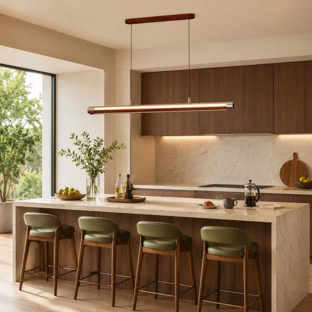 In a kitchen with walnut cabinets and a stone island, a Clérachic linear pendant hangs above green-seated bar stools.