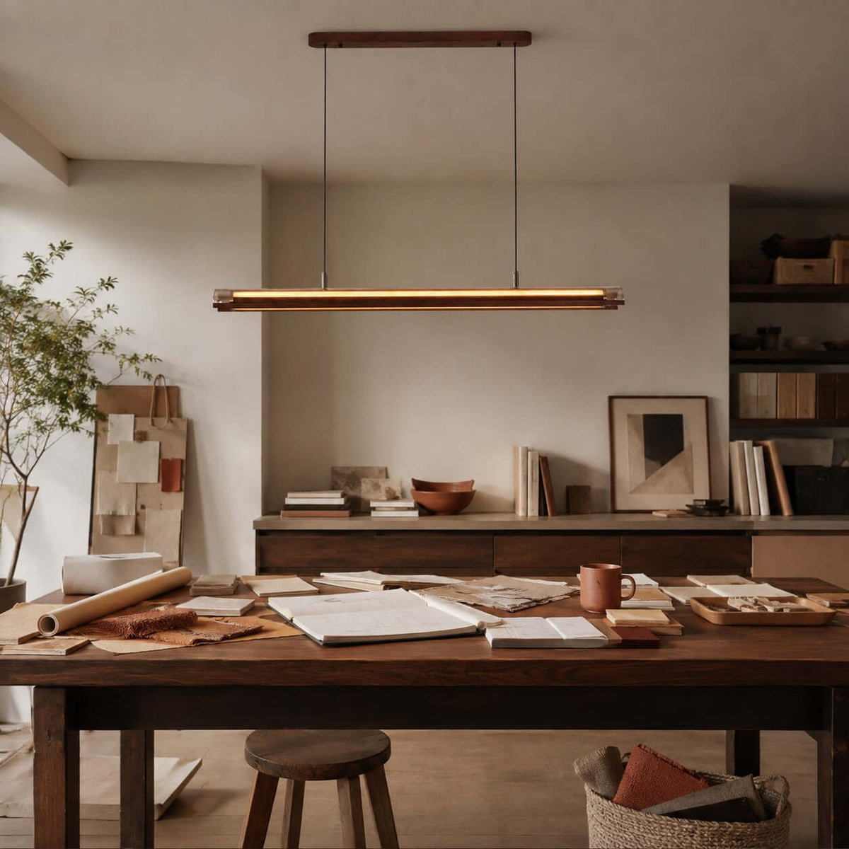 A Clérachic linear pendant glows over a cluttered work table with papers, a mug and a stool, in a room with a bookcase.