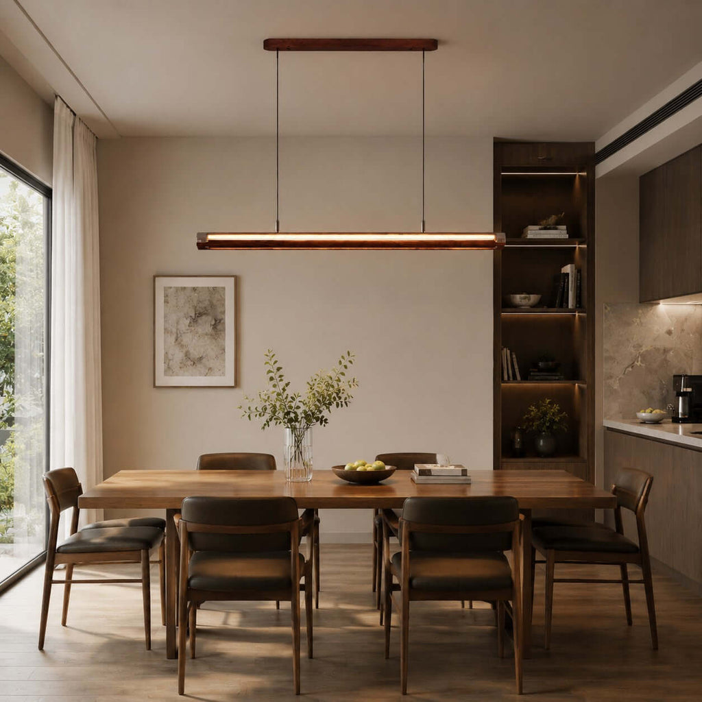 This Clérachic linear pendant hangs over a wooden dining table with dark chairs, beside a tall window and a shelving unit.