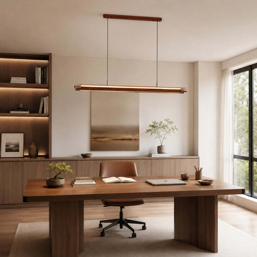 A Clérachic linear pendant hangs above a long walnut desk with a leather chair, in front of a pale wall and a shelf with soft lights.