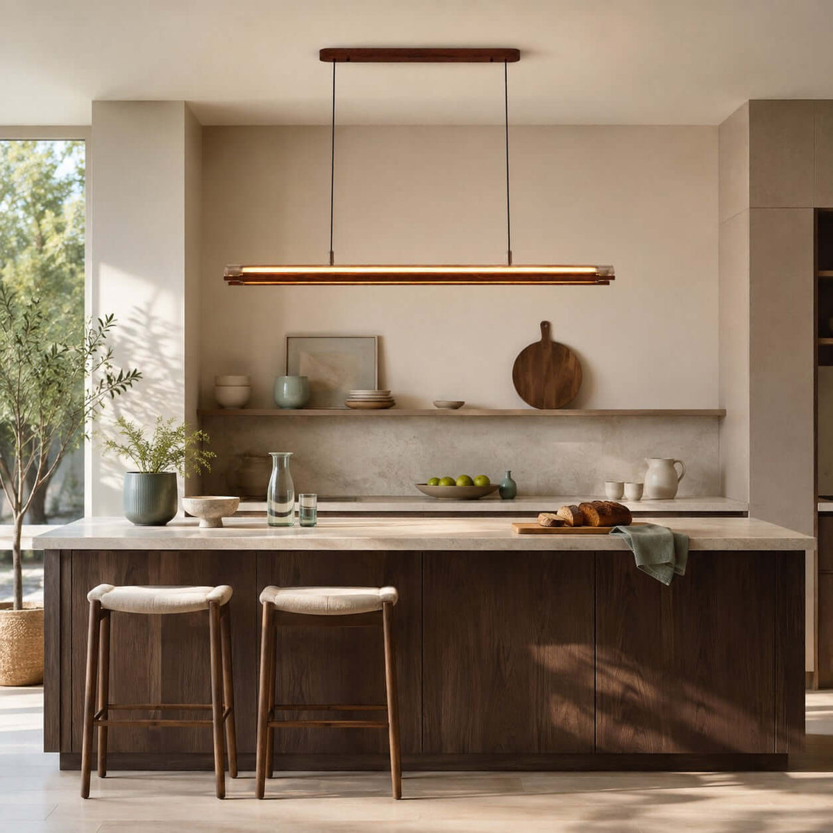 A Clérachic linear pendant hangs over a dark wooden kitchen island with two woven stools, near a window with olive branches.