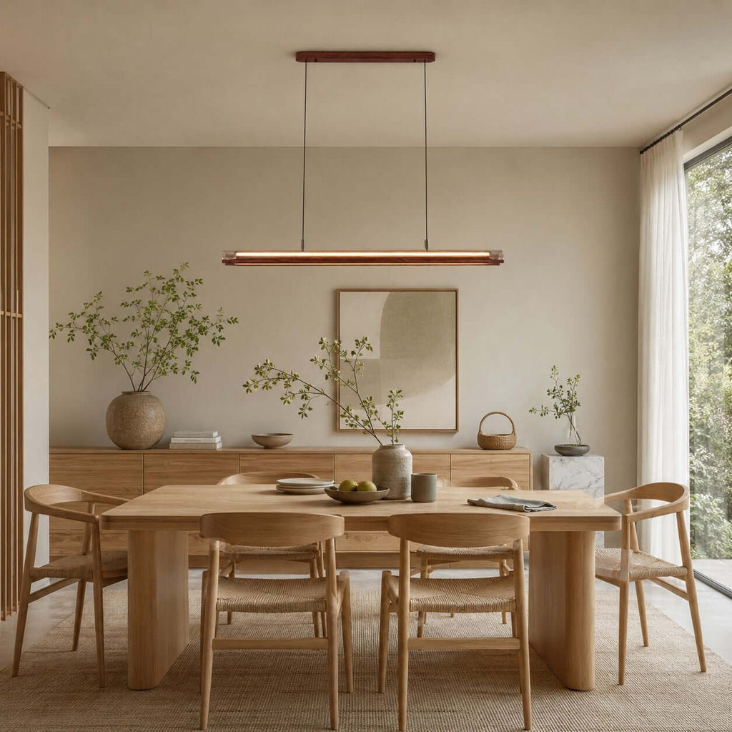 Above a pale oak dining table with woven-seat chairs, a Clérachic linear pendant hangs in a calm, airy room.
