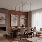 Three slim bars of this Clérachic linear pendant light hang at staggered heights above a dark dining table in a terracotta-toned room.
