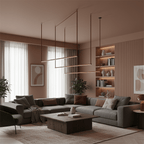 A staggered set of slim bars from this Clérachic linear pendant light stretches above a grey sofa in a rust-toned living room.