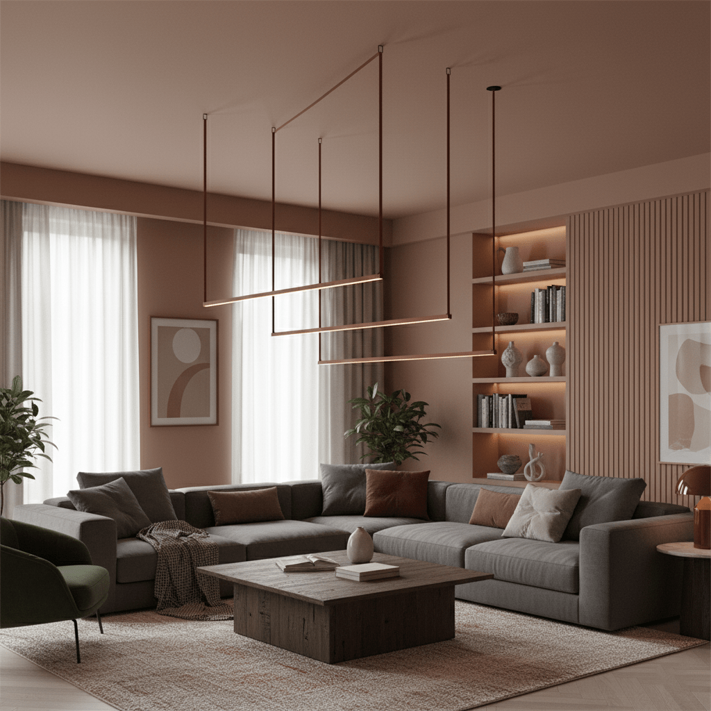 A staggered set of slim bars from this Clérachic linear pendant light stretches above a grey sofa in a rust-toned living room.