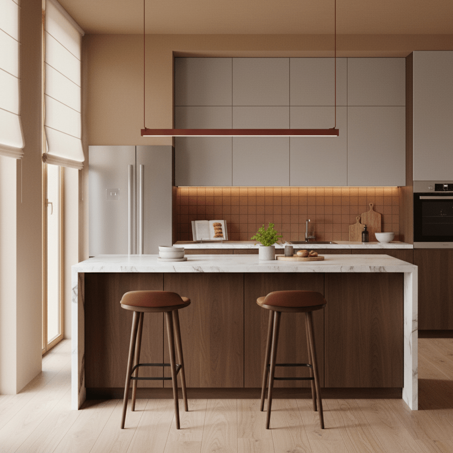 Above a marble island with wooden stools, this Clérachic linear pendant light runs level in front of a taupe kitchen wall.