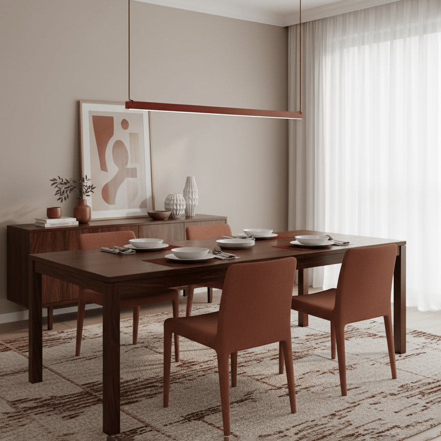 This Clérachic linear pendant light hangs in a single red bar above a walnut dining table with rust-coloured chairs.