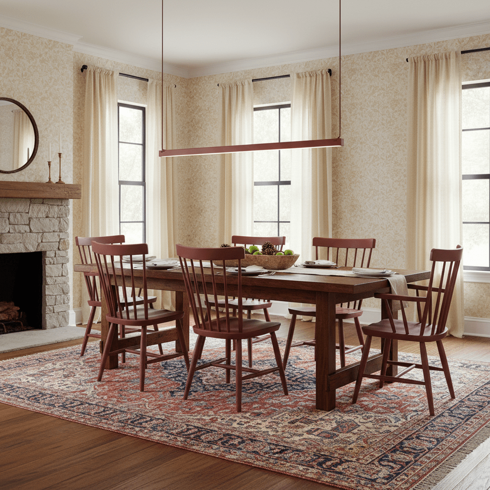 A red Clérachic linear pendant light spans a traditional dining room with a stone fireplace and a patterned rug below.