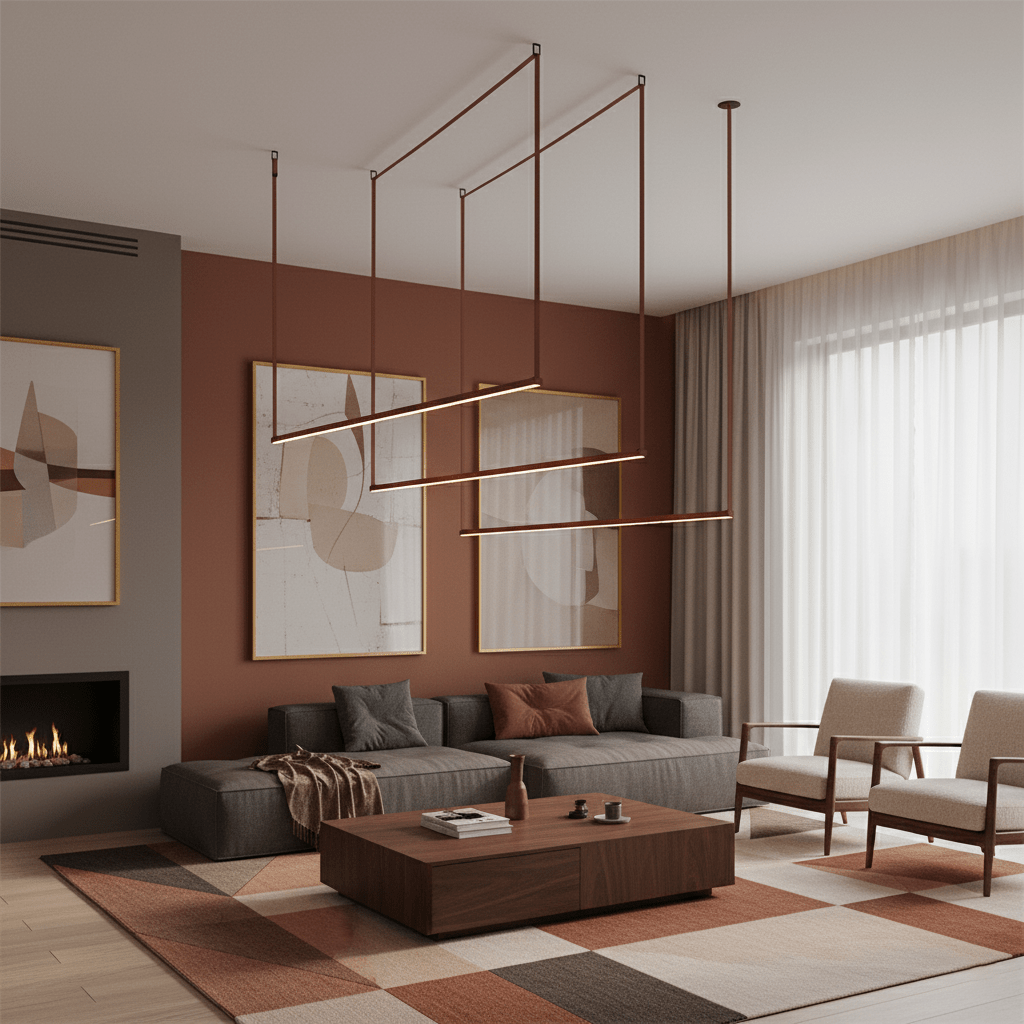 Three red bars from this Clérachic linear pendant light hang at different heights over a low coffee table and grey sofa.