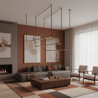 Three red bars from this Clérachic linear pendant light hang at different heights over a low coffee table and grey sofa.
