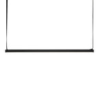 Side view on white of this Clérachic linear pendant light, a black bar hung from two fabric straps.