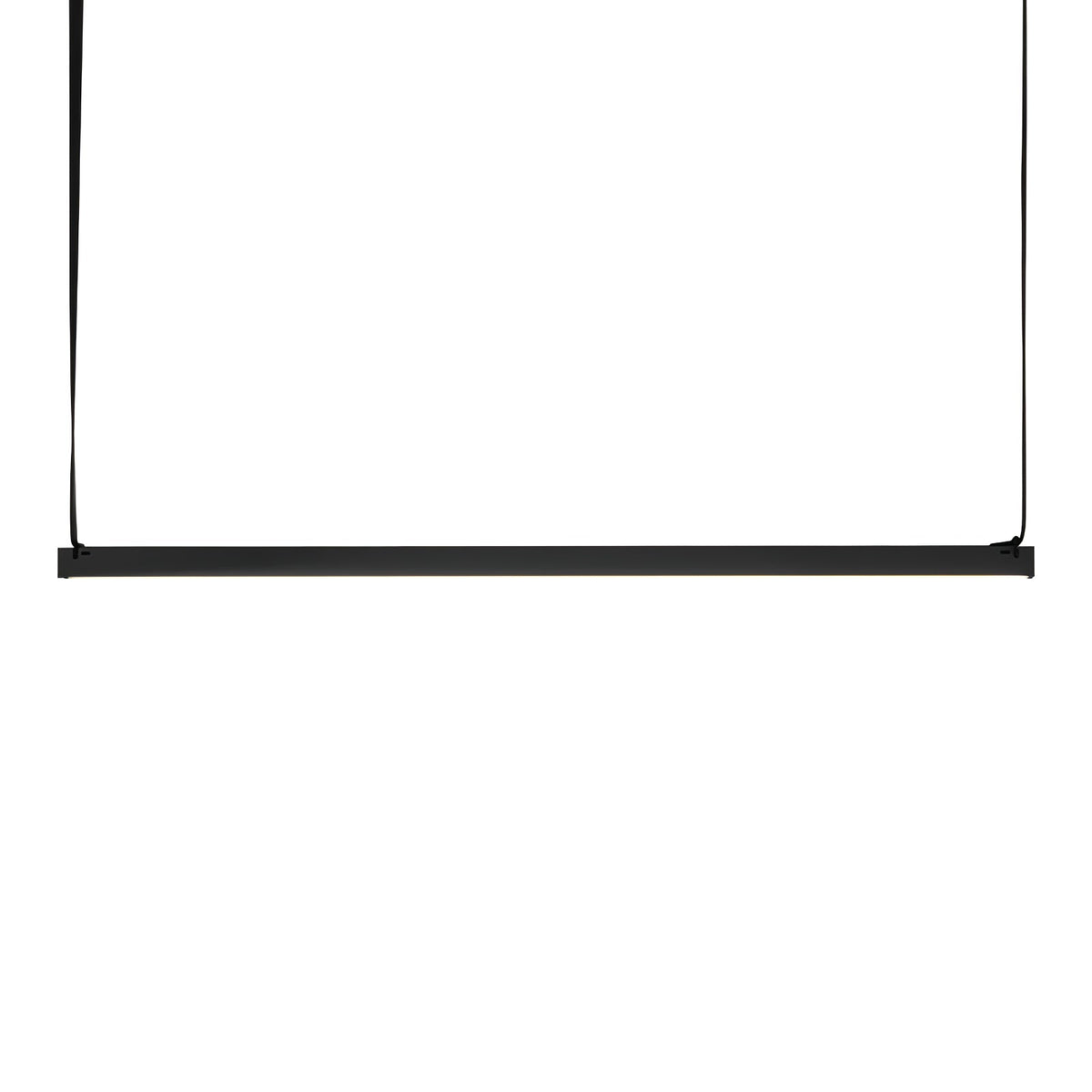 Side view on white of this Clérachic linear pendant light, a black bar hung from two fabric straps.