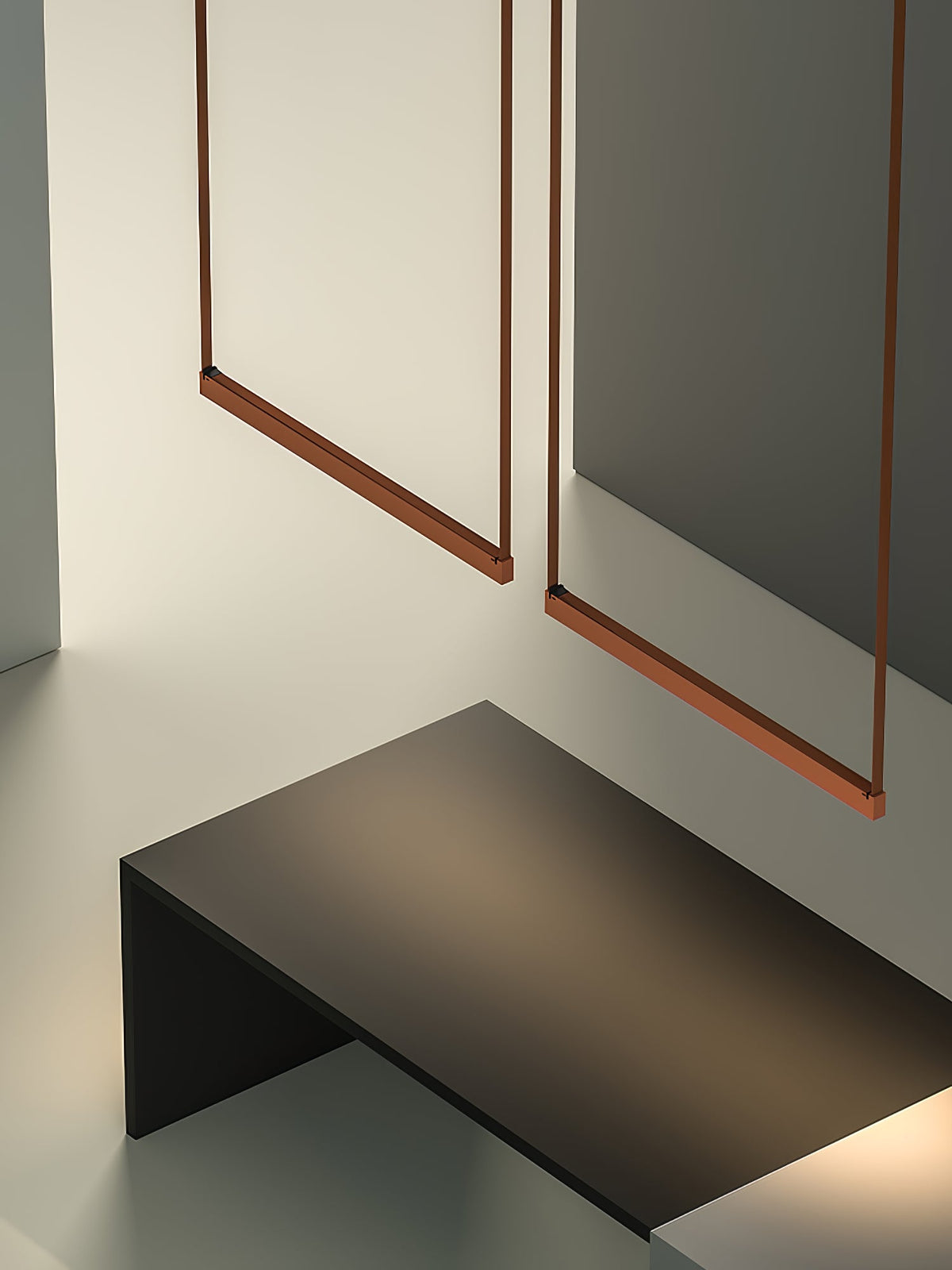 A slightly wider crop of two red bars from this Clérachic linear pendant light above a dark console, in soft side light.