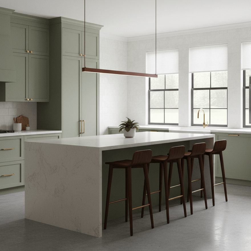 A red bar of this Clérachic linear pendant light hangs above a white island with leather stools in a sage-green kitchen.