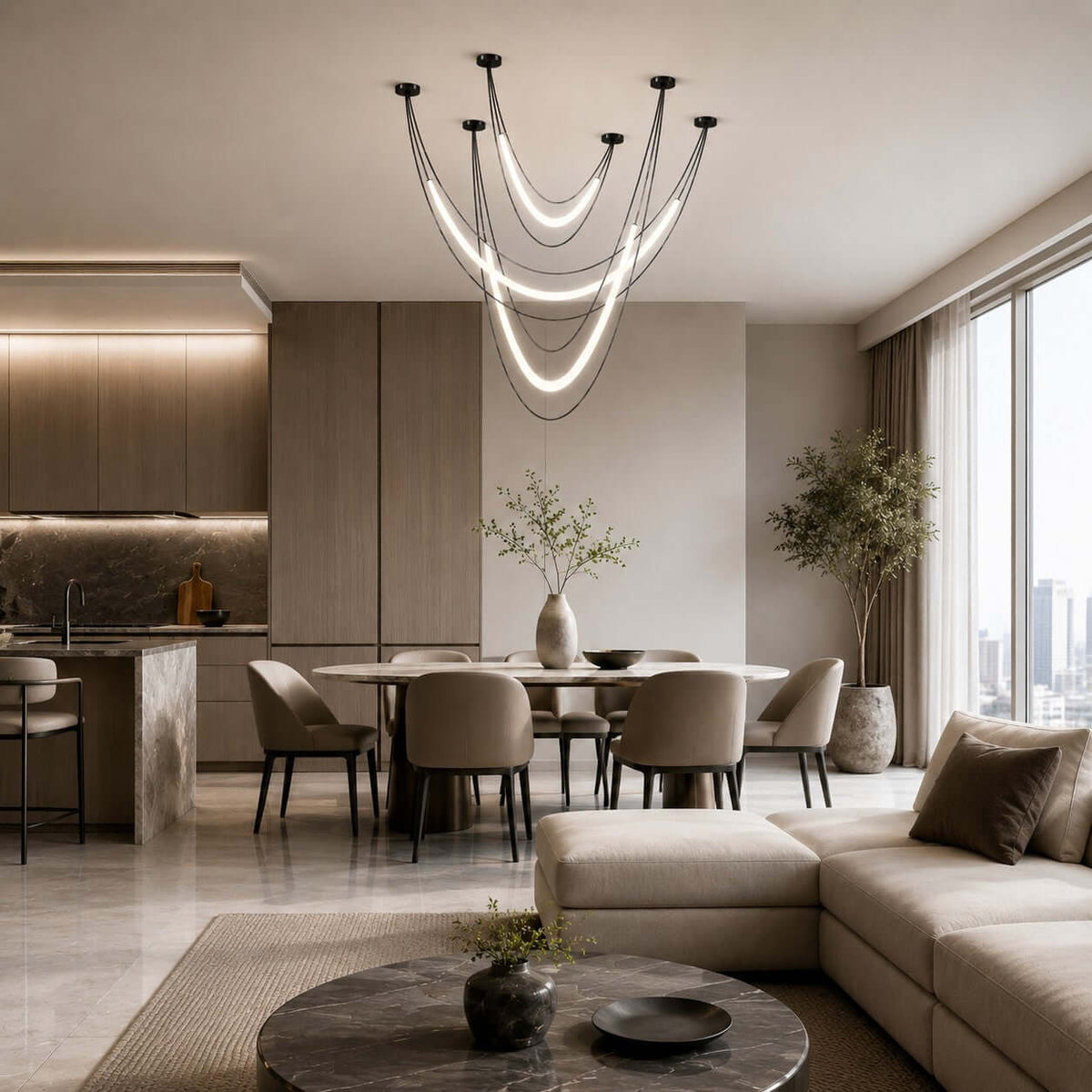 Black Clérachic multi-tube pendant over an open-plan living area, with a round dining table and a sectional in the background.