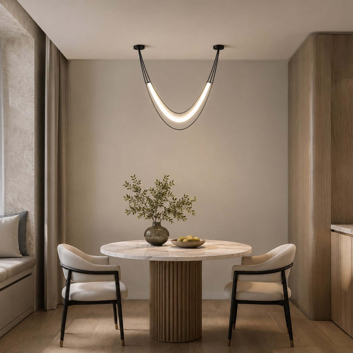 Black and white Clérachic hammock-shaped pendant above a small round pedestal table with two black-framed chairs.