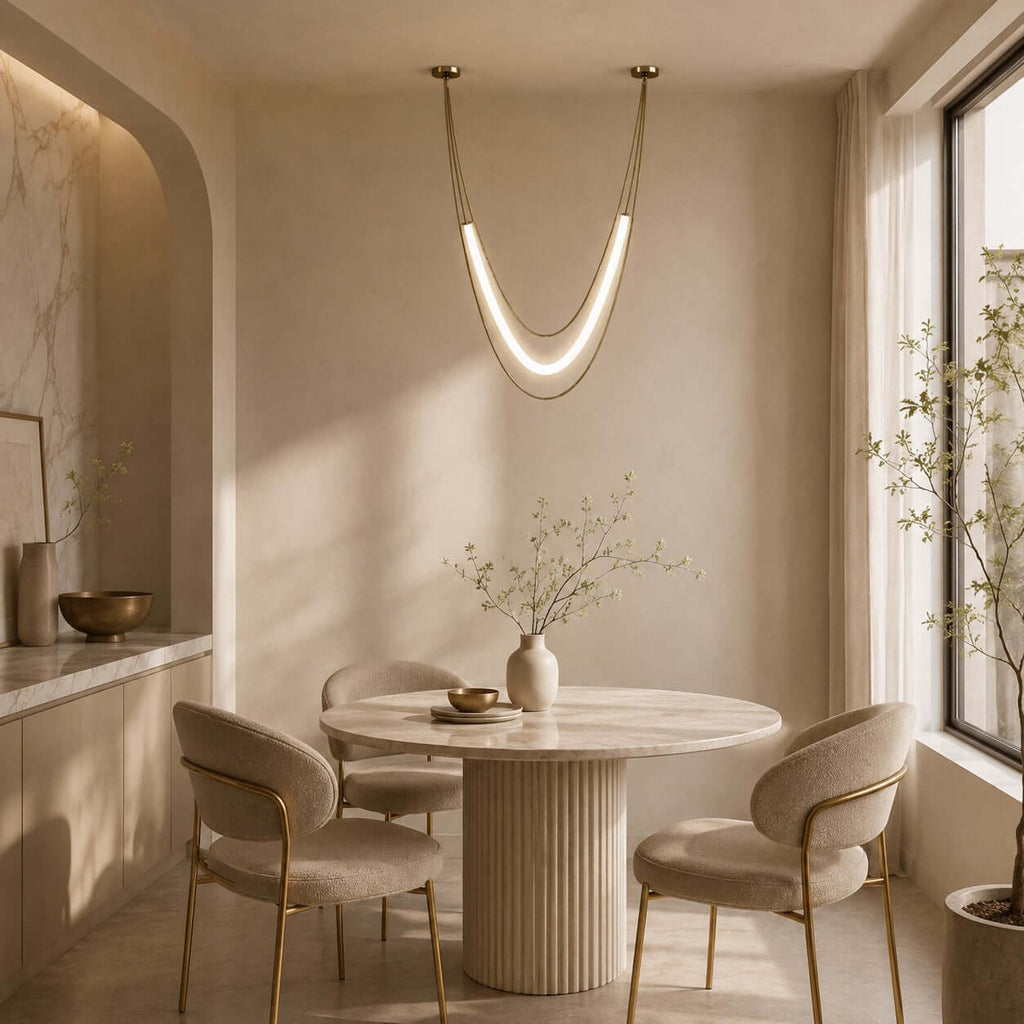 Lit gold Clérachic curved pendant over a round fluted-base table with two cream chairs, in a room with an arched alcove.
