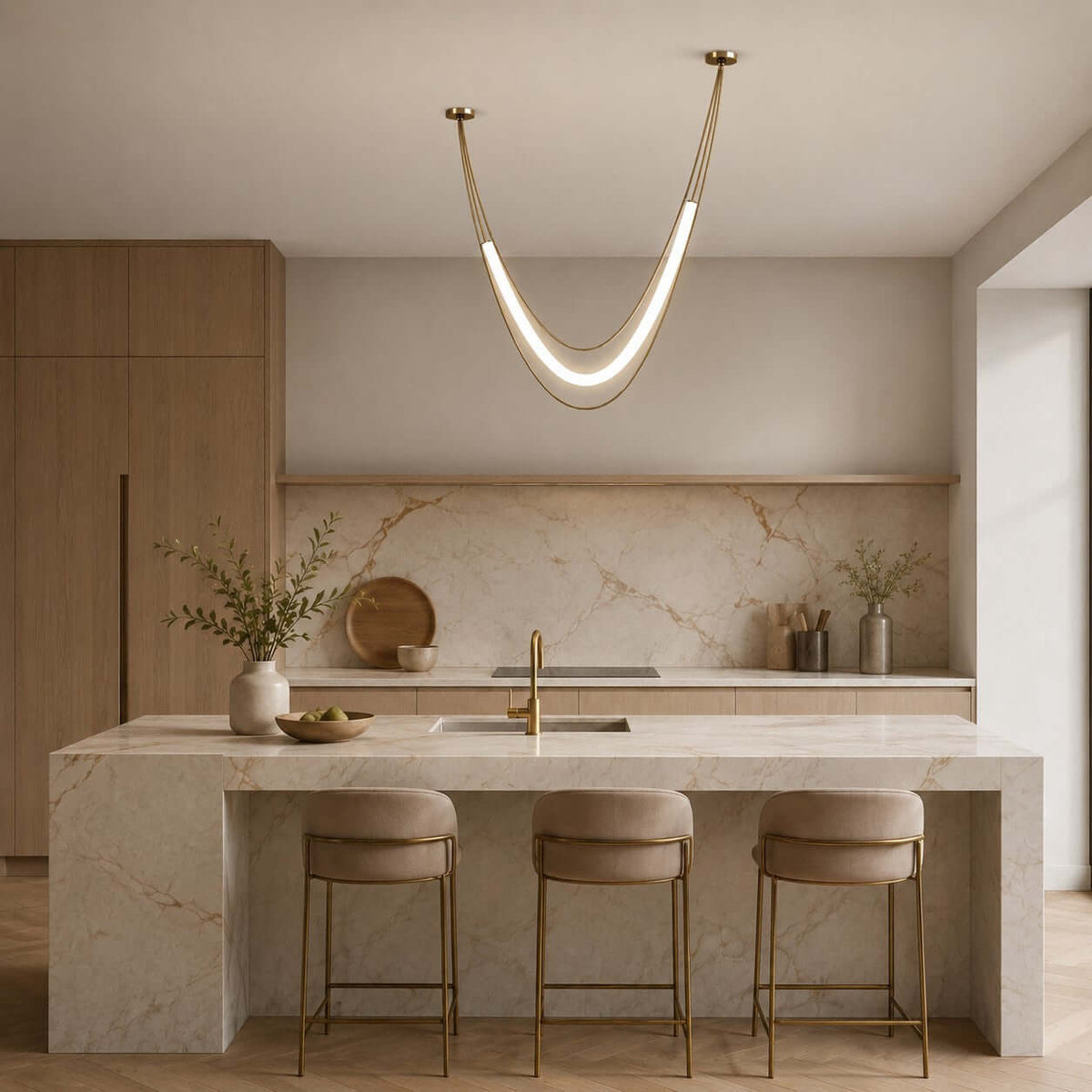 Gold Clérachic curved pendant above a stone-fronted kitchen island with three cushioned stools, oak cabinets behind.