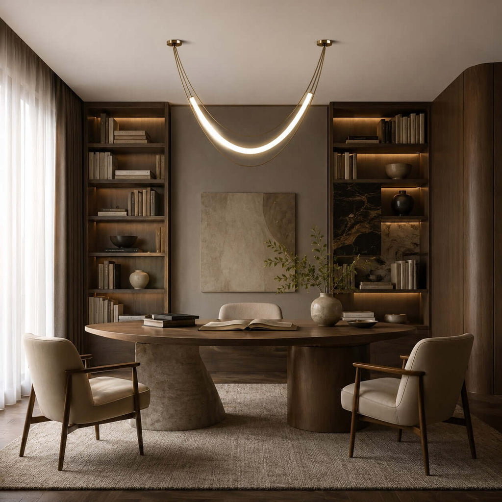 Gold and white Clérachic pendant glowing above a round wooden table in a study with lit bookshelves either side.