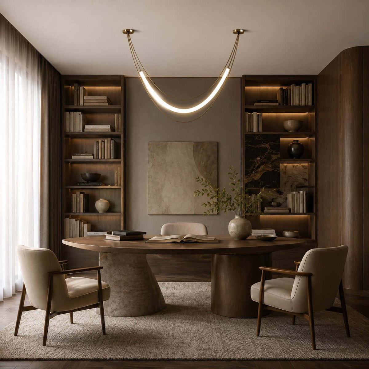 Gold and white Clérachic pendant glowing above a round wooden table in a study with lit bookshelves either side.
