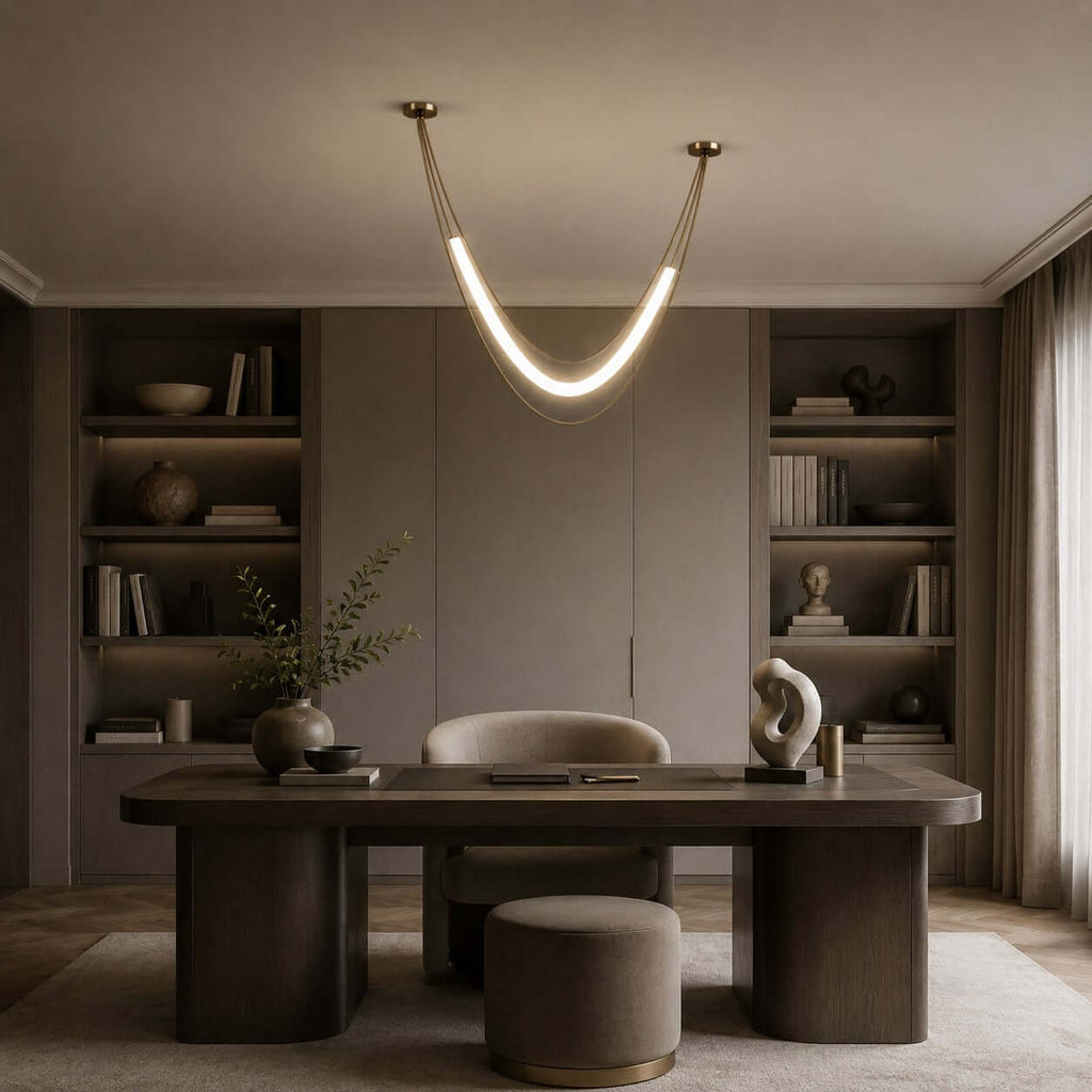 Clérachic curved light tube in gold and white over a dark desk in a library-style room, with shelves and a sculpture beside.