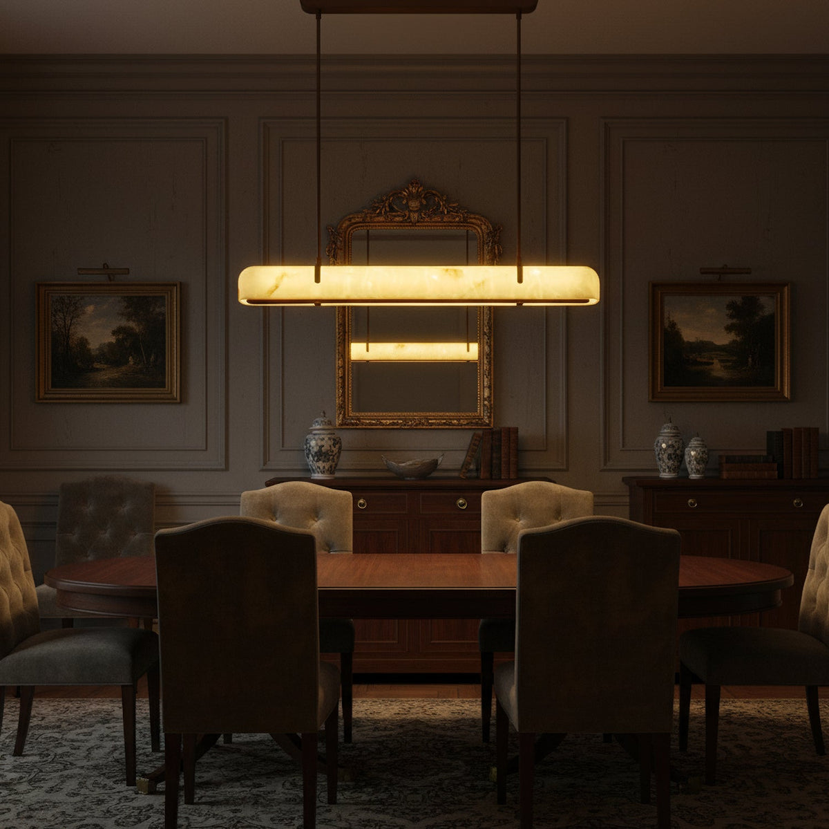 A lit Clérachic linear pendant hangs over a dark dining table, below a gilt mirror and landscape paintings.