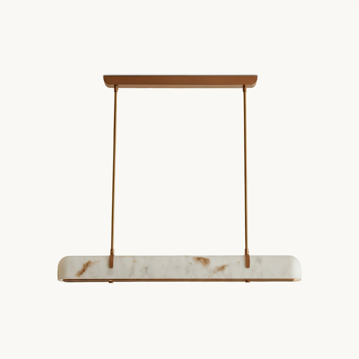 This Clérachic linear pendant, unlit, hangs on two rods from a copper-toned canopy against a plain white backdrop.
