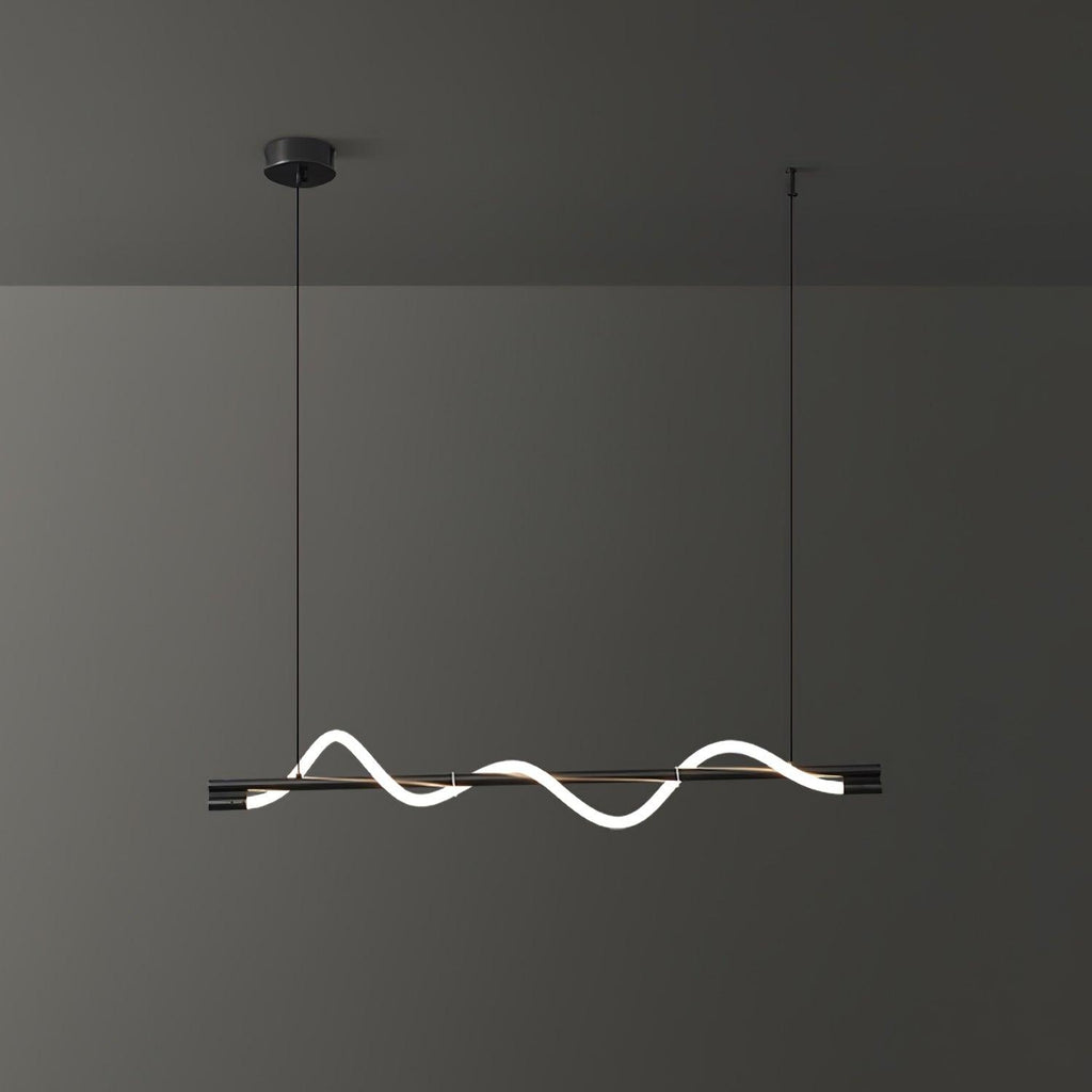 Black Clérachic linear pendant with a glowing white wave, on a black canopy against a dark grey wall.